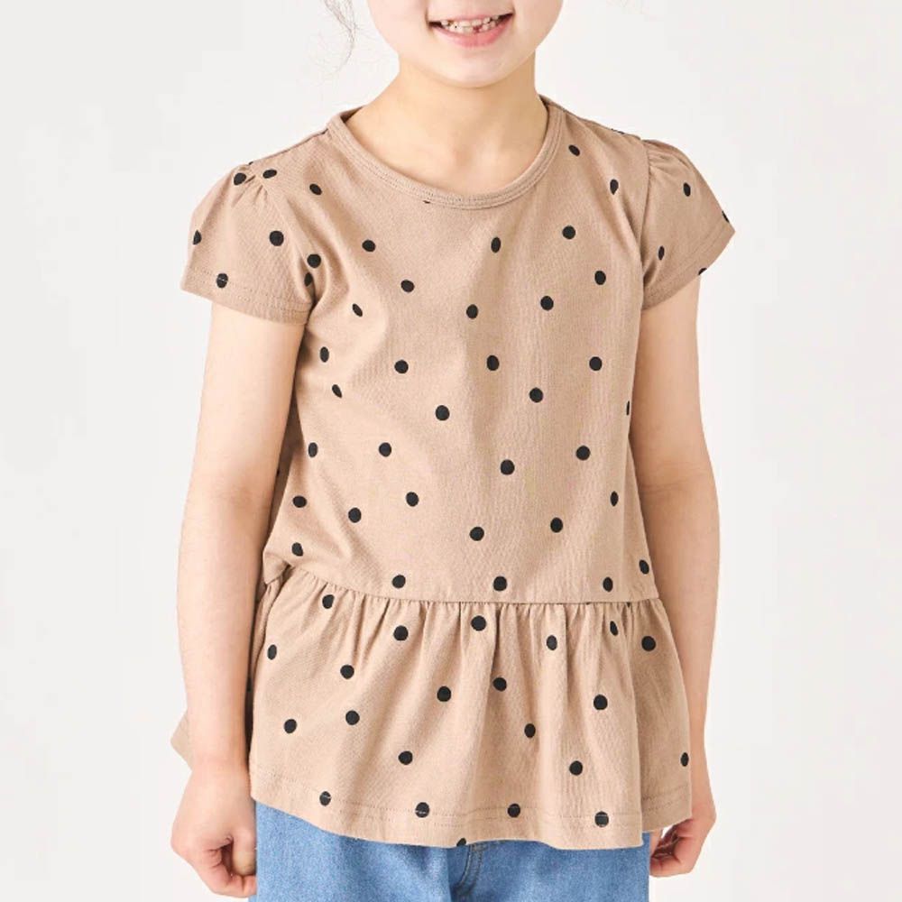 100%棉 層次荷葉衣襬短袖上衣-點點-摩卡