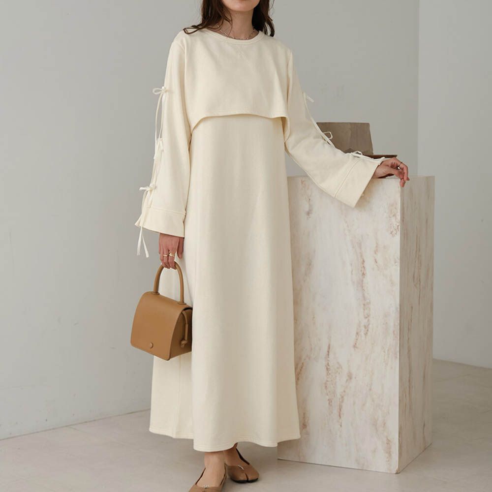 袖蝴蝶結層次感喇叭袖洋裝-象牙米