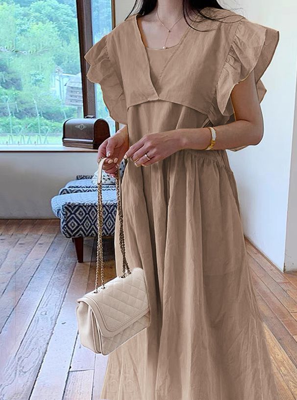 日本 GRL - 文藝感荷葉袖綁帶兩件式洋裝-深看咭 (F)