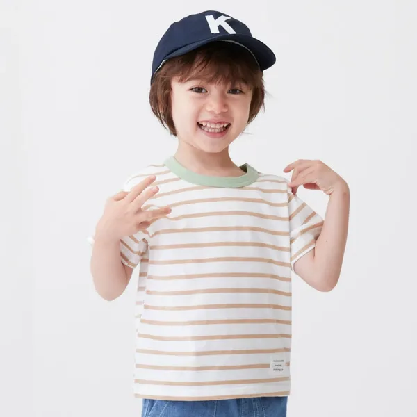 日本 petit main - 百搭印花短袖上衣-恐龍線條-卡其黃