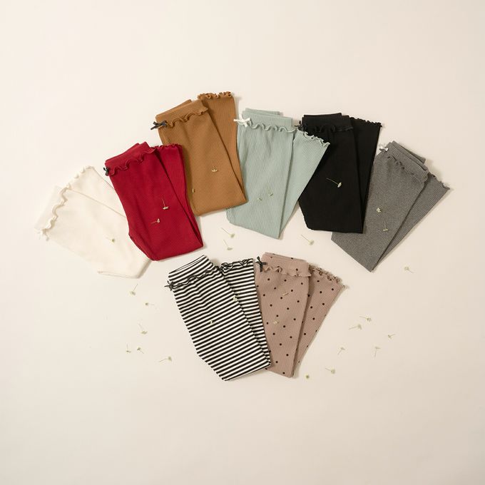 日本 Lycee mine - 彈力荷葉腰圍羅紋合身長褲-黑