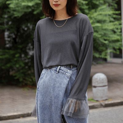 日本 Bab - 雙層薄紗拼接俏麗長袖上衣-炭灰