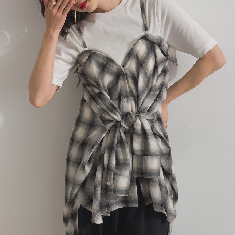 2way穿法輕盈透膚寬版薄襯衫-格紋-米棕系