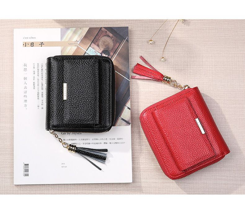 真皮質感流蘇拉鏈短夾-黑色 (11x10x3cm)