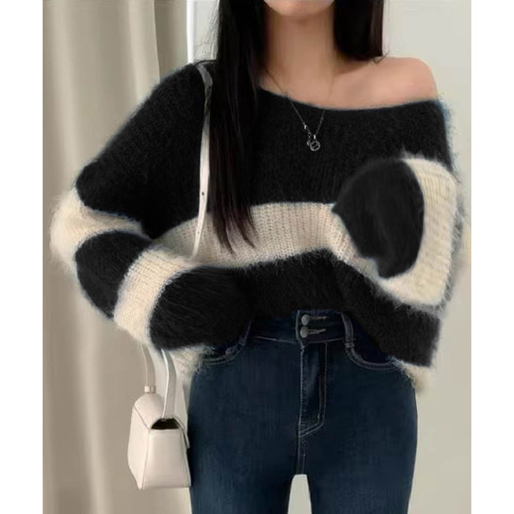 前後穿橫紋澎澎毛絨短版針織上衣-黑 (F)