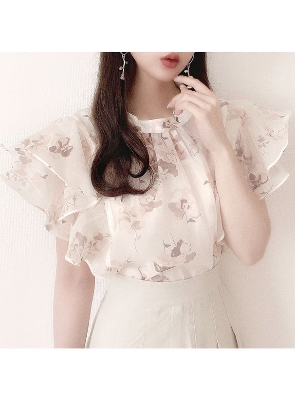 日本 GRL - 清新碎花雪紡荷葉袖上衣-淺水藍 (F)