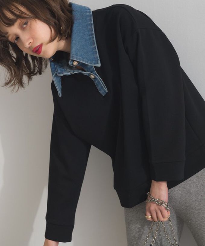 日本 ELENCARE DUE - 牛仔領層次感厚磅休閒長袖上衣-燕麥白