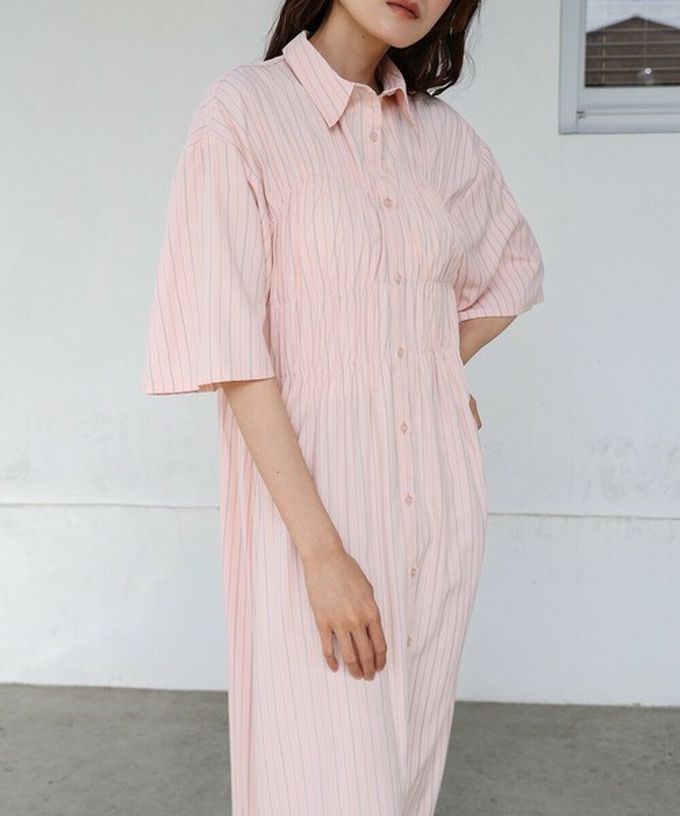 日本 Bab - 時尚抓皺襯衫式五分袖洋裝-條紋-藍