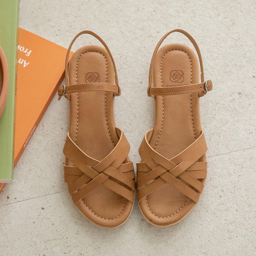 韓國 PINKELEPHANT - 專利設計交叉皮革露趾涼鞋(3cm)-焦糖棕