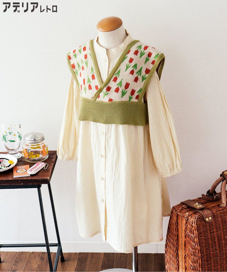 日本 BREEZE - 聯名款 昭和風針織背心x長袖洋裝-優雅鬱金香-黃綠