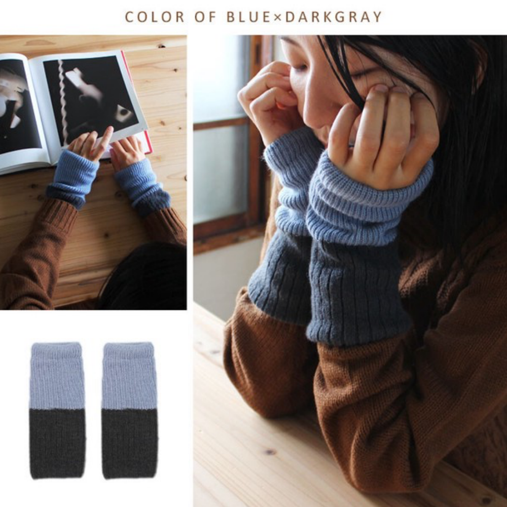 日本女裝代購 - 日本製 羊毛混絲綢保暖半截手套-撞色-灰藍x深灰 (F)