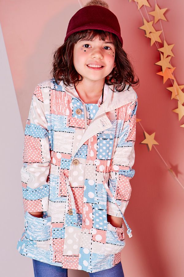 麗嬰房Little moni - 時尚印花連帽風衣外-粉紅