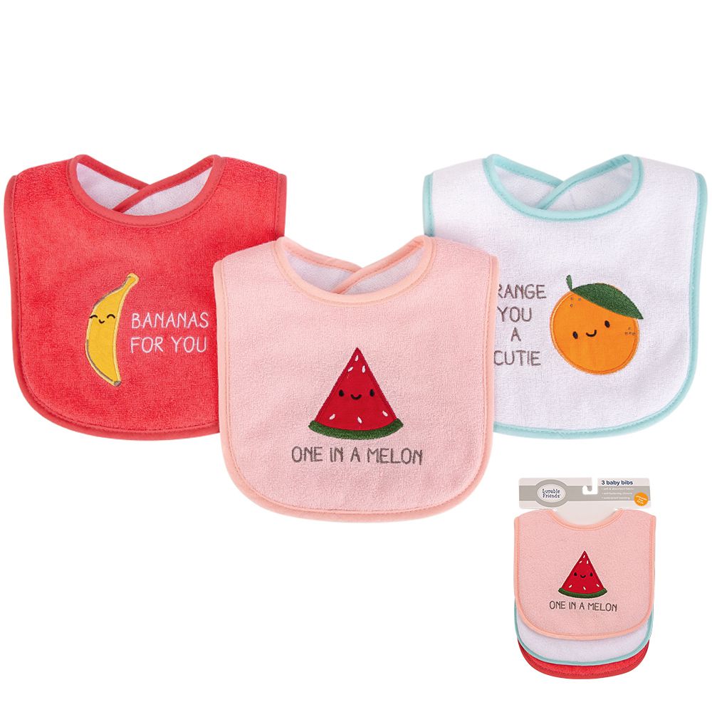 美國 Luvable Friends - 甜蜜寶貝嬰幼兒雙層吸水口水巾圍兜3入組-水果寶寶