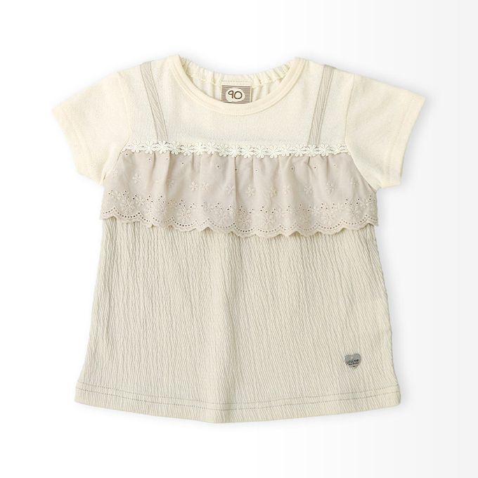 日本 ZOOLAND - 清爽楊柳 假二件蕾絲滾邊短袖上衣-粉紅