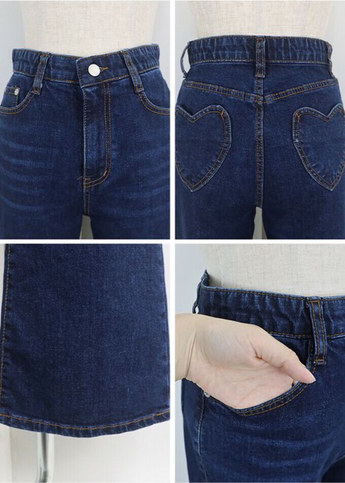 日本 BLUE EAST - 精緻愛心口袋美腿喇叭丹寧褲-深藍