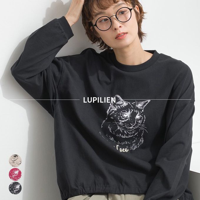 日本 Lupilien - 16支天竺棉休閒長袖上衣-貓咪素描-酒紅