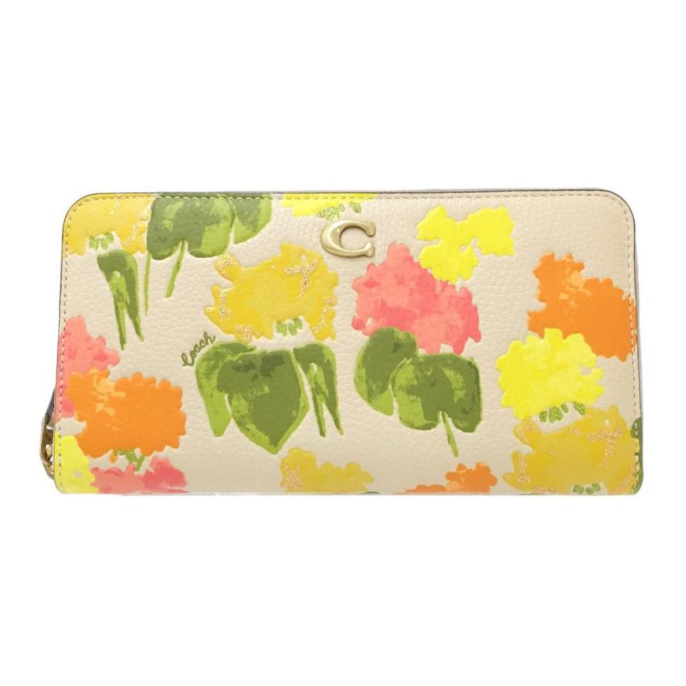 印花皮革拉鍊長夾 (黃綠桔花朵)