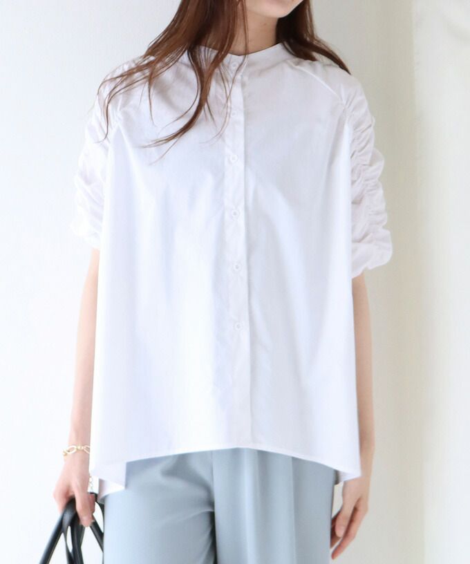 日本 BLUE EAST - 優雅小立領抓皺五分袖襯衫-水藍