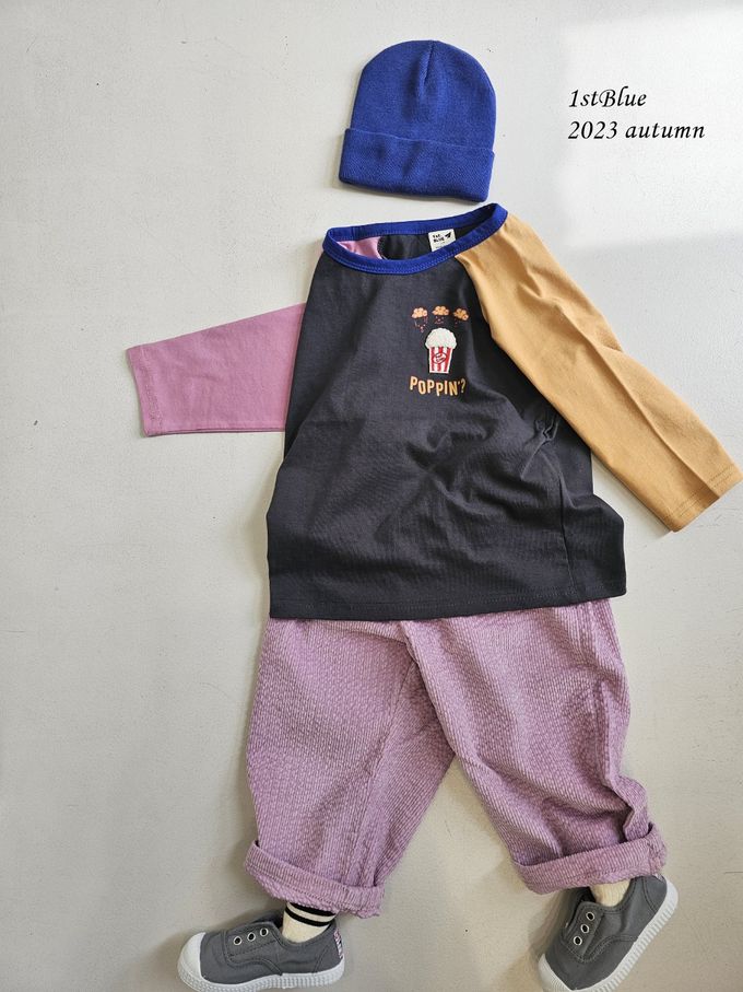 韓國 First Blue - 美味爆米花印長袖上衣-黃橘X燕麥X寶藍