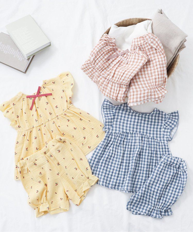 日本 apres les cours - 柔軟綿紗荷葉邊成套家居服-小花-黃