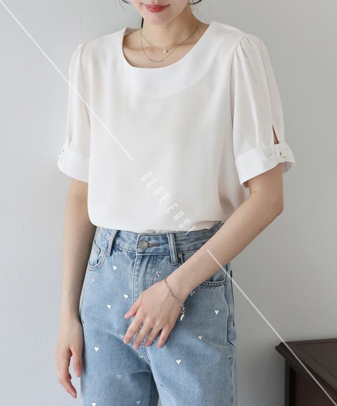 日本 BLUE EAST - 珍珠袖扣亞麻感氣質短袖上衣-白 (M)