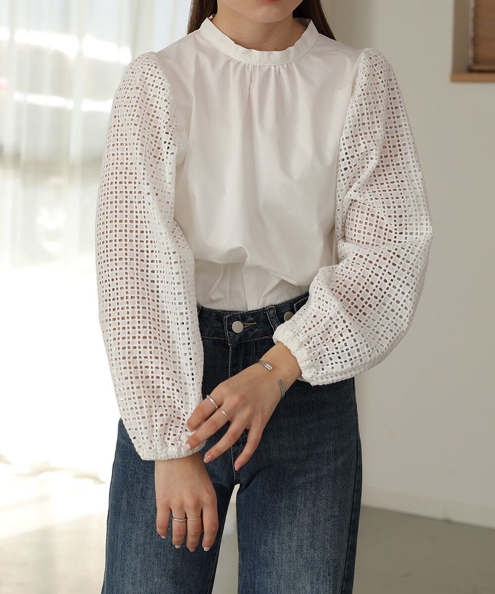 日本 Bab - 棉質立領雕花泡泡袖上衣-氣質米