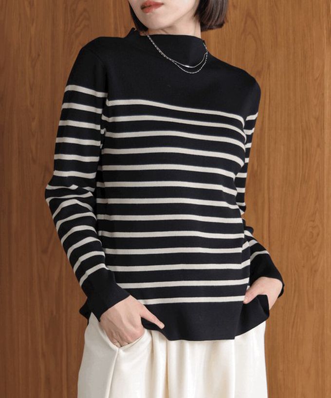 日本 Bab - 俐落感簡潔小立領針織上衣-杏x黃條紋