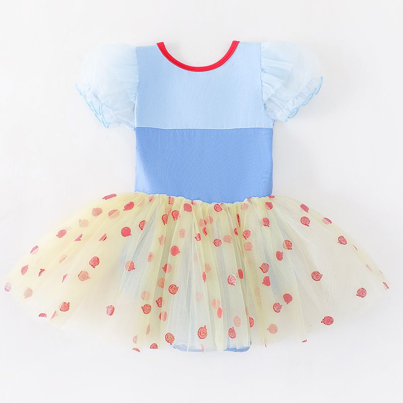 短袖造型公主裙/芭蕾舞裙-圓點寶石-藍+奶油黃