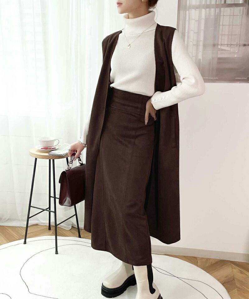 日本 Classical Elf - 麂皮質感後鬆緊修身長裙-咖啡