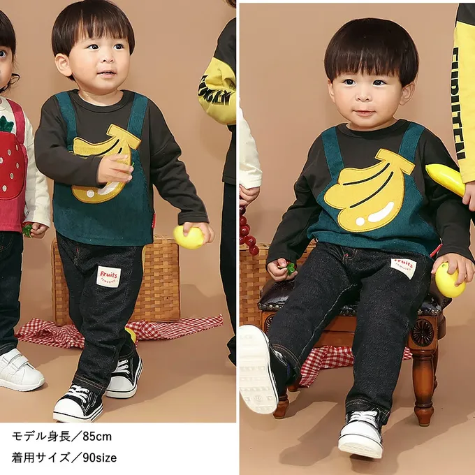 日本 ZOOLAND - 水果樂園 燈芯絨吊帶拼接長袖上衣-草莓-白X紅