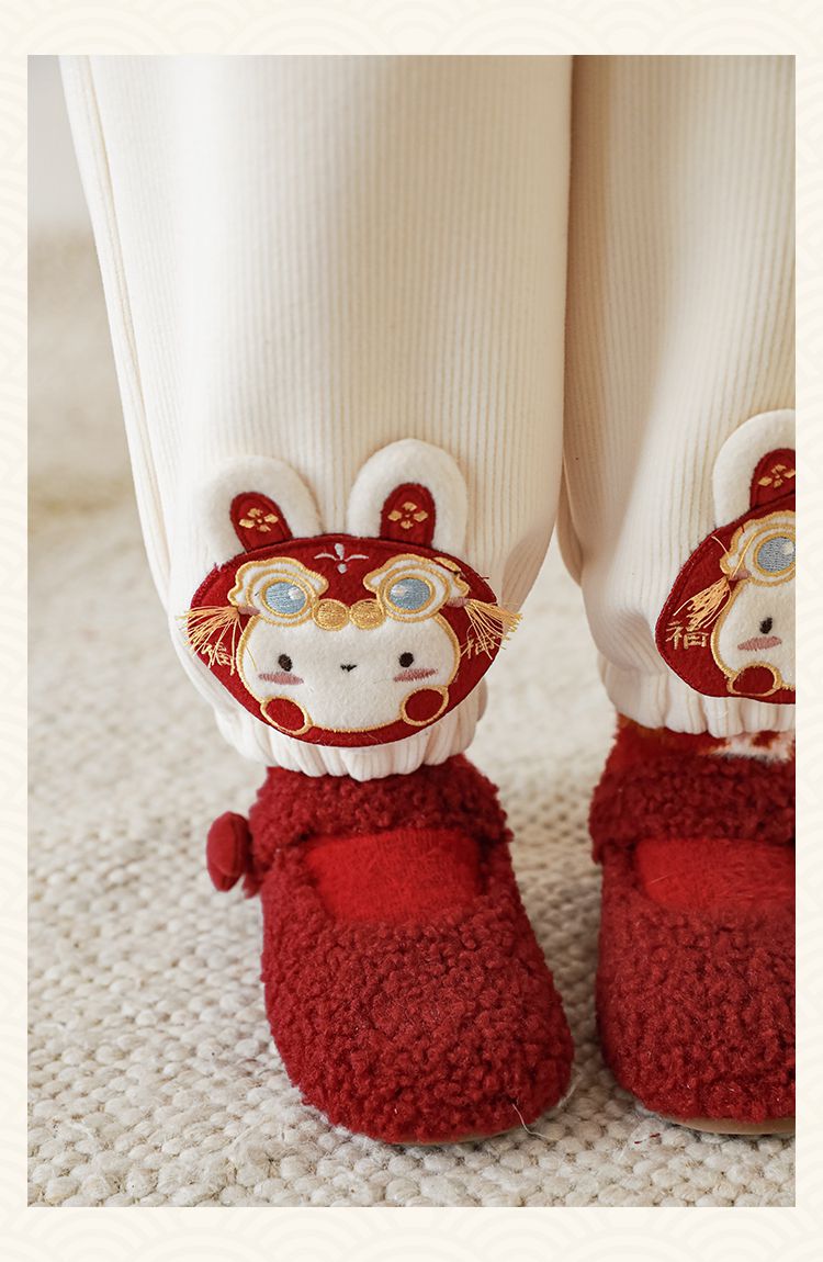 TONGMO - 加絨腰鬆緊休閒拜年長褲-兔子-米色