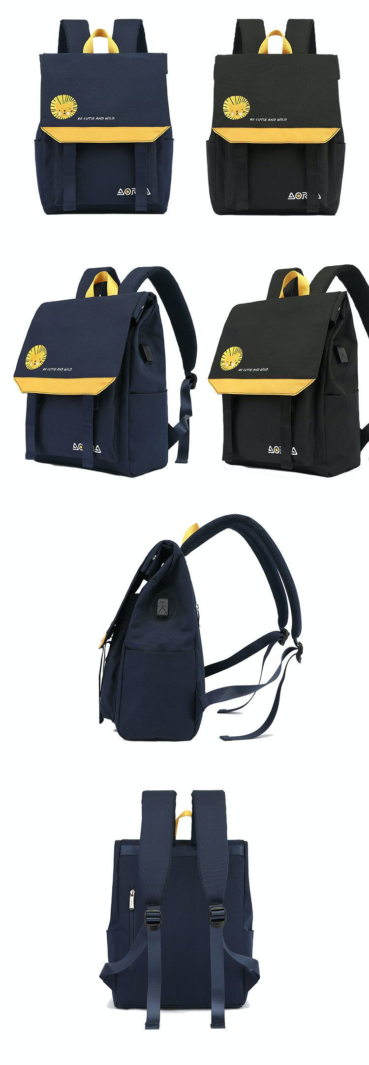 簡約大容量翻蓋書包-小獅子-黑色 (38.5x28x15cm)