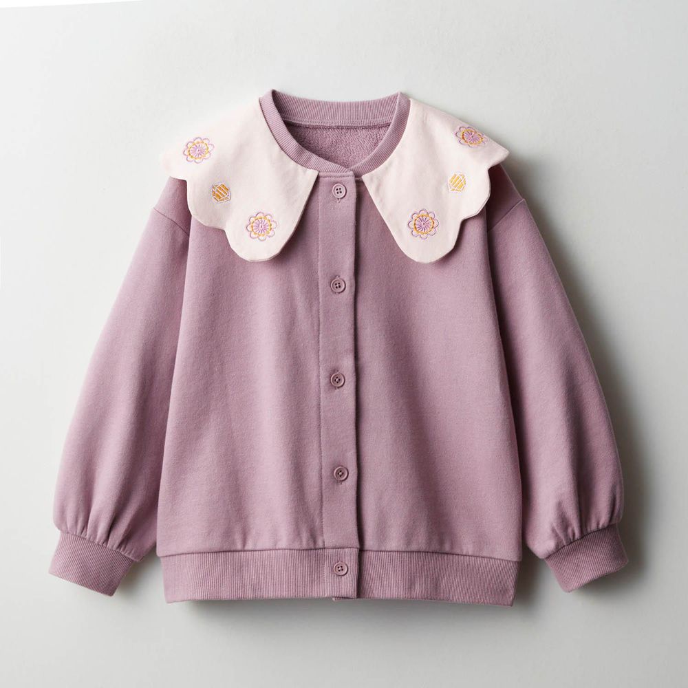 日本千趣會 - 刺繡花型領優雅長袖開襟衫-粉紫樂佩