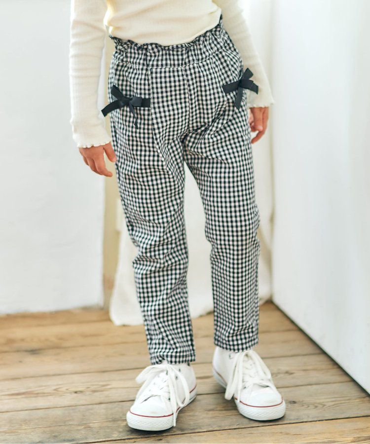 日本 apres les cours - 蝴蝶結口袋腰鬆緊長褲-黑白格