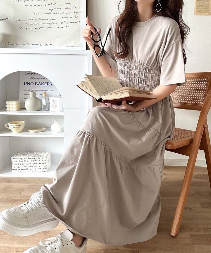 日本 Classical Elf - 100%棉 圓領美型縮腰分層短袖洋裝-淺米棕