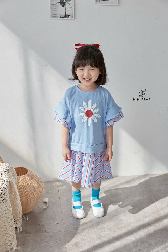 韓國 kikimora - 假兩件條紋花朵洋裝-藍