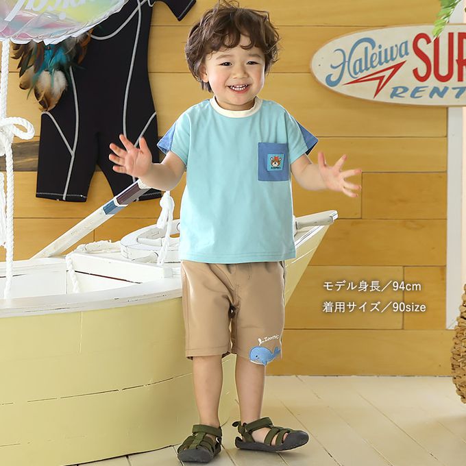 日本 ZOOLAND - 鯨魚悠遊清爽滑面材質短褲-丹寧口袋-薄荷綠