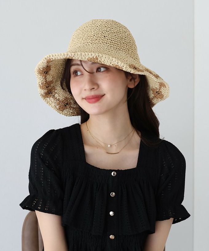 日本 BLUE EAST - 甜蜜花朵編織遮陽漁夫帽-棕