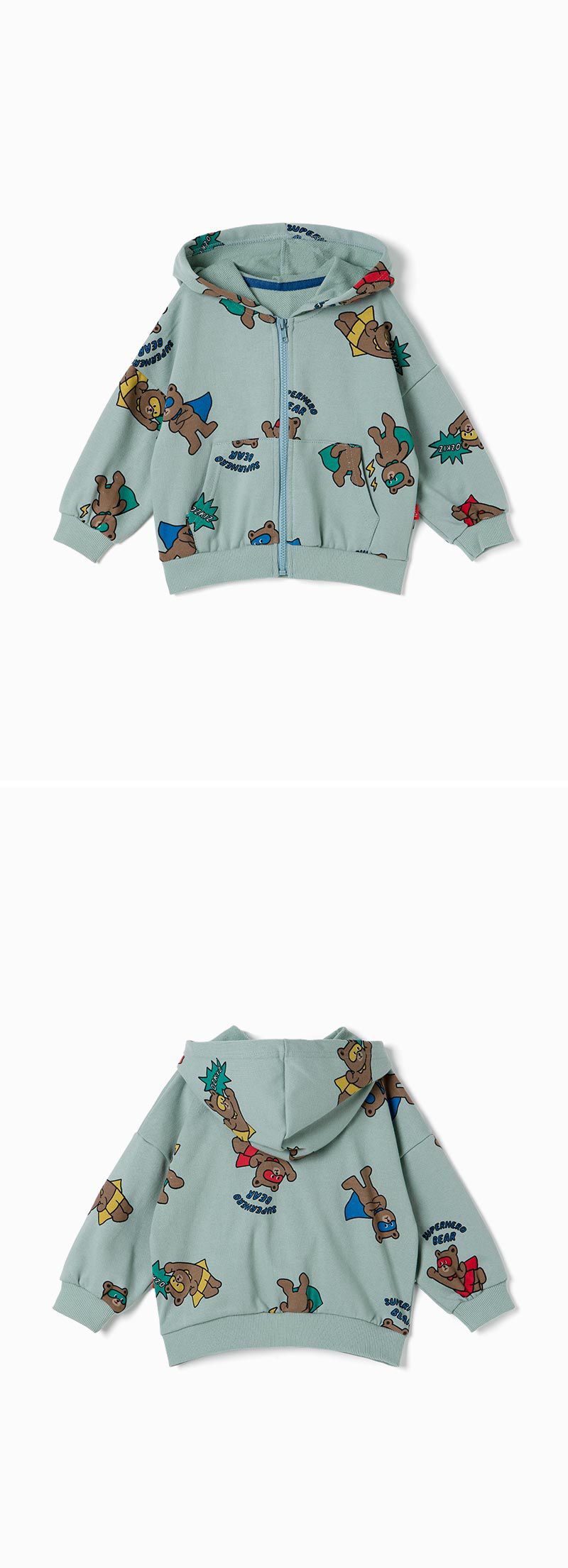 韓國 OZKIZ - 熊熊超人拉鍊連帽外套-灰綠