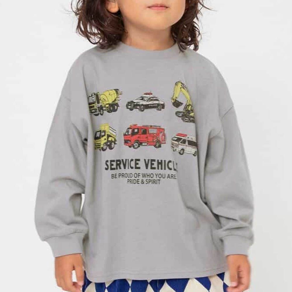 100%棉 包色款印花長袖上衣-工程車車-淺灰