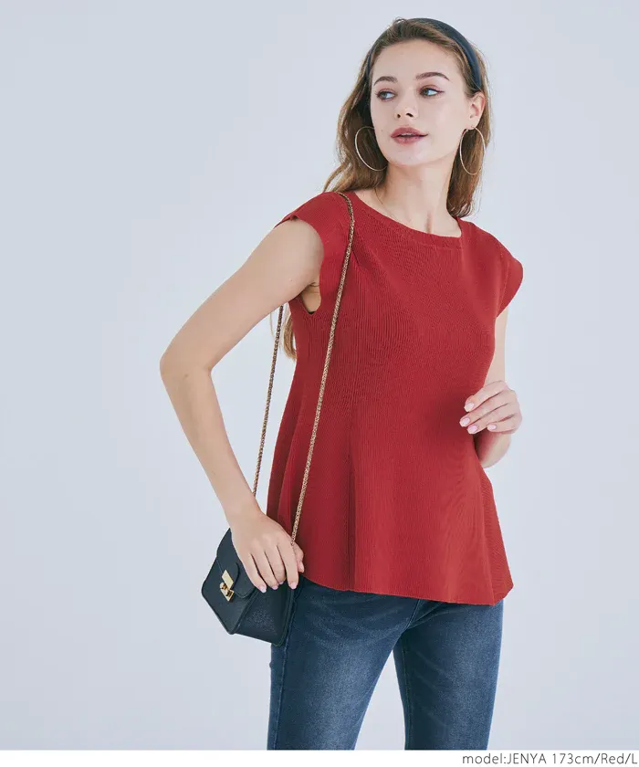 日本 COCA - 珍珠點綴羅紋彈性法式袖上衣-磚紅