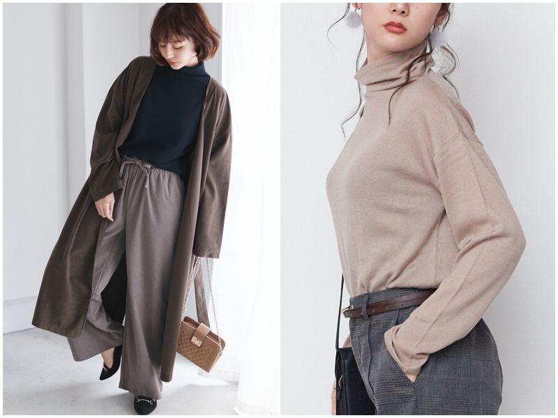 日本女裝代購 - 質感舒適落肩高領針織上衣-氣質杏 (M(Free size))