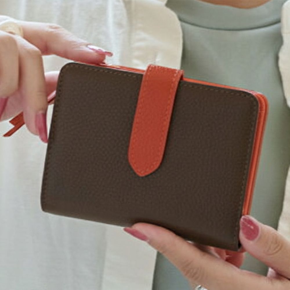 14口袋高收納力真皮對折式中夾-咖啡x橘 (12x9.5cm)
