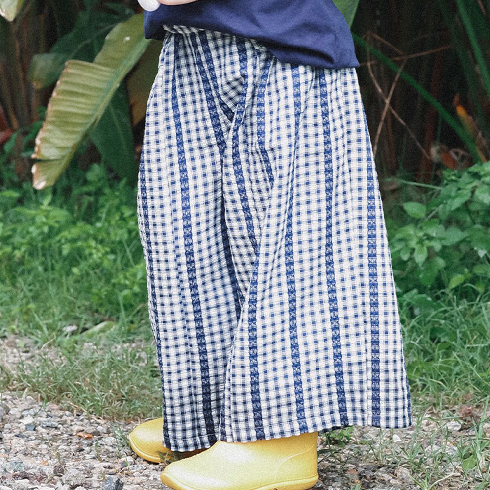 透氣舒適休閒寬褲-藍色格子