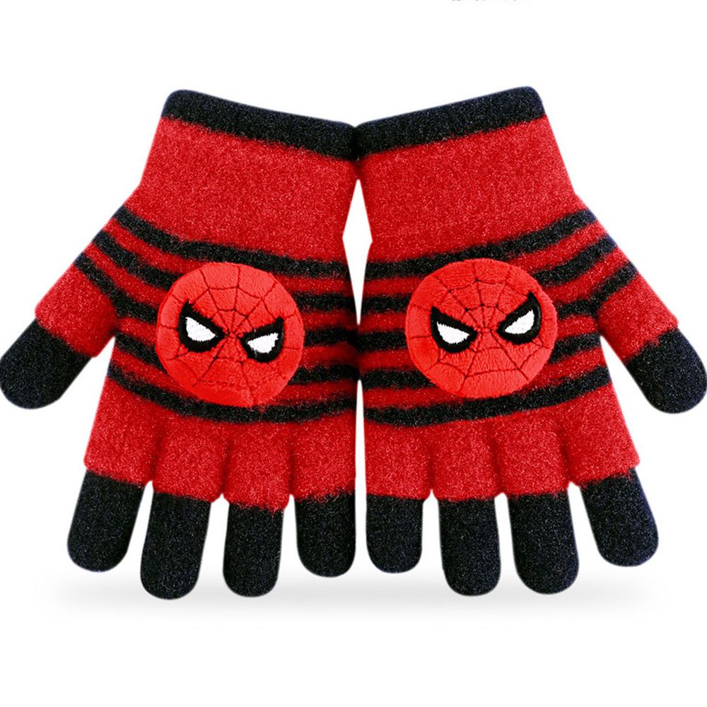 編媽推薦 - 迪士尼卡通五指保暖手套-橫條紋蜘蛛人-黑色x紅色 (5-10歲)