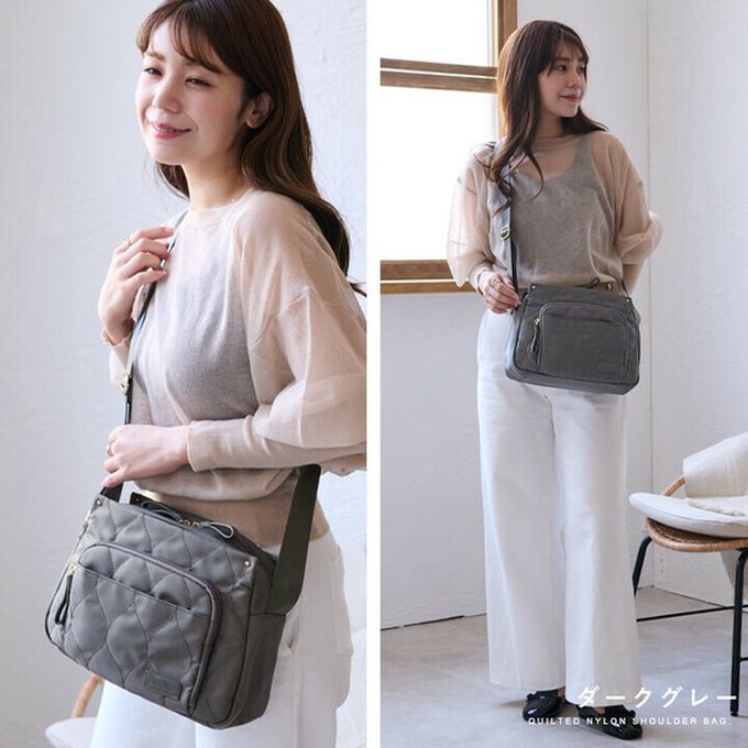 日本 LIZDAYS - 10口袋輕量尼龍絎縫側背包-卡其