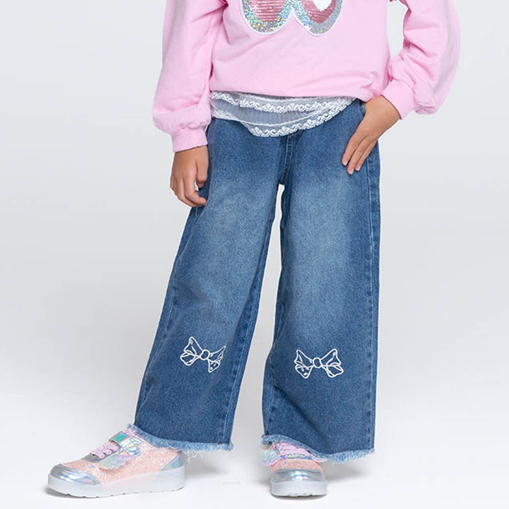 鬆緊腰裝飾蕾絲抽鬚丹寧寬褲