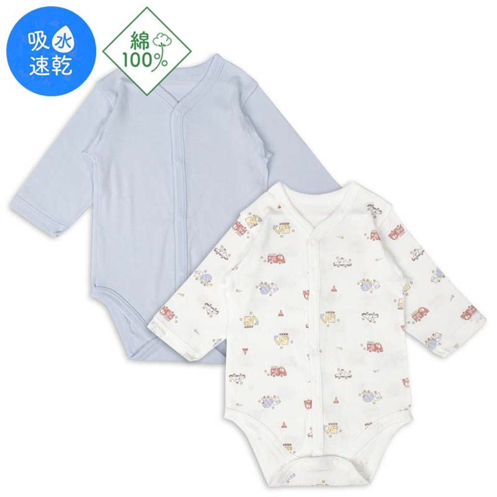 長袖包屁衣2件組-前開式 工程車-淺藍色