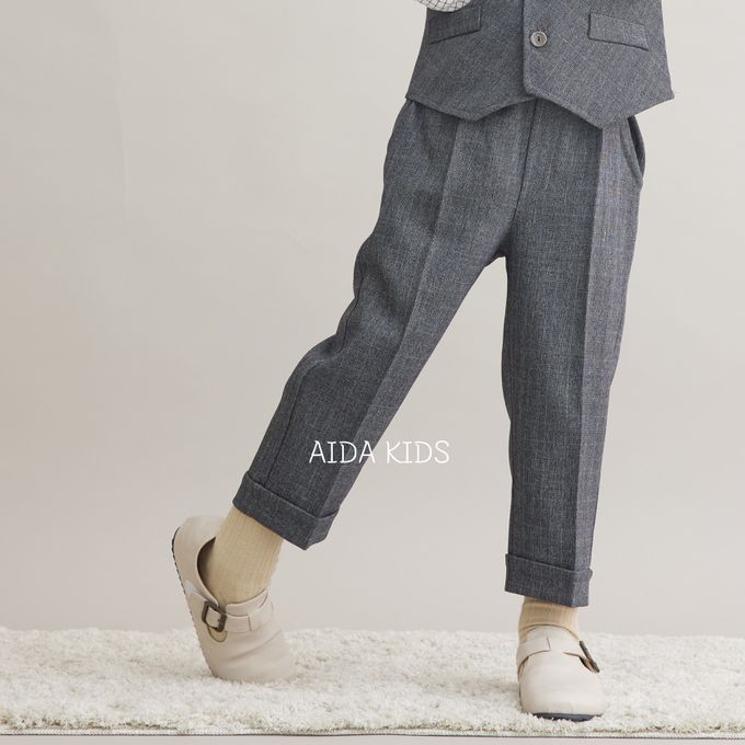 韓國 AIDA - 裝飾腰帶鬆緊腰直筒長褲-黑灰