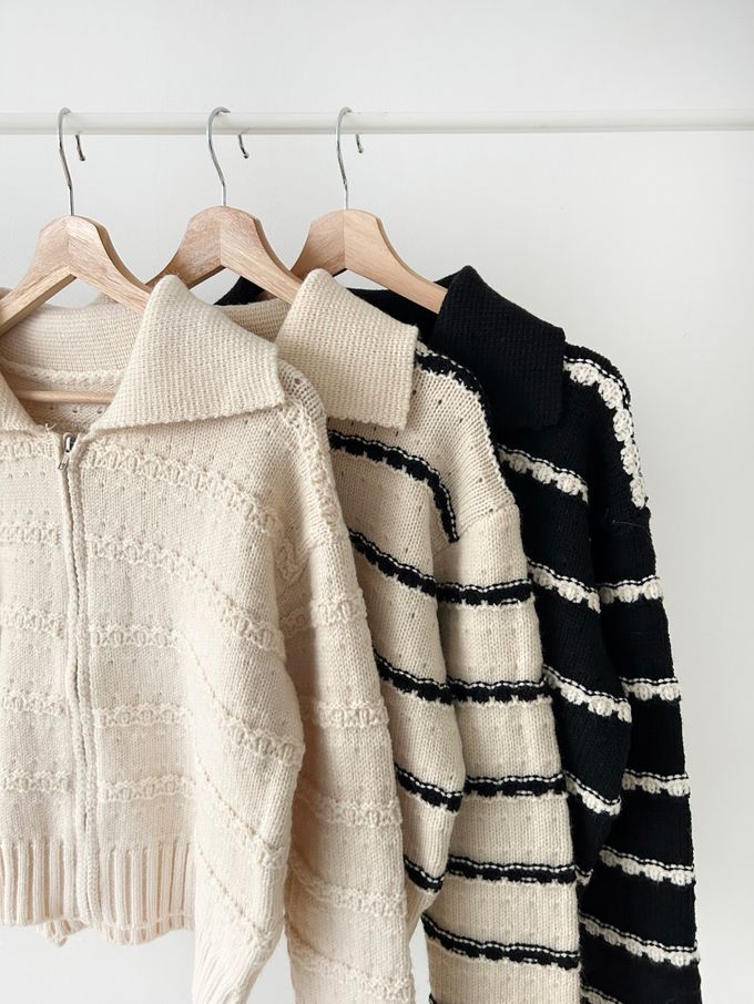 韓國女裝連線 - 勾線條紋針織翻領外套-黑底X米白 (FREE)